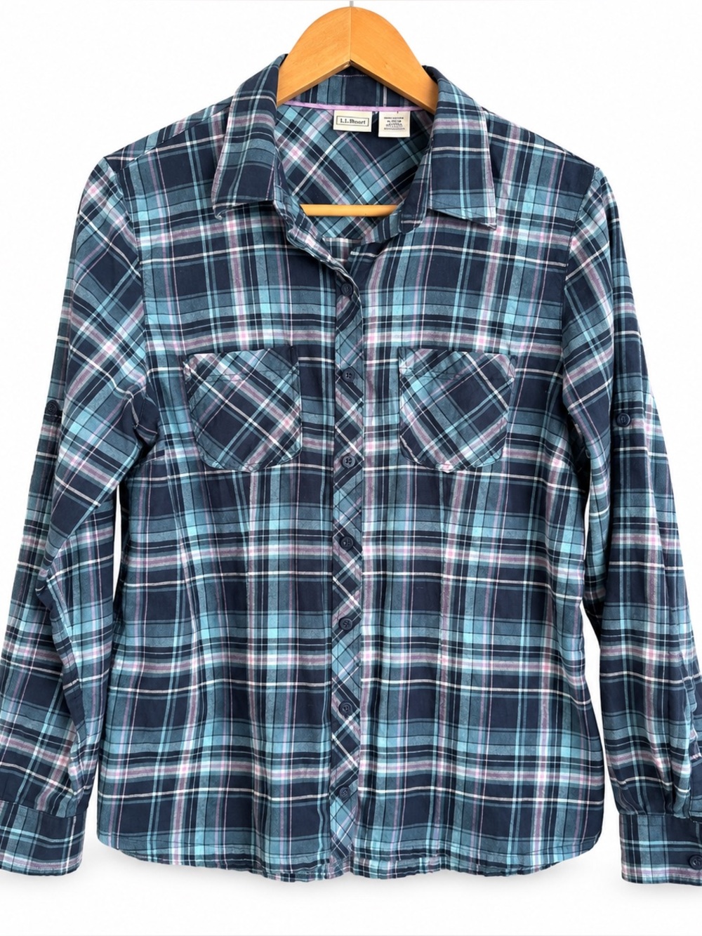 LL Bean medium blue pink pastel button down blouse flannel cotton cozy shirt